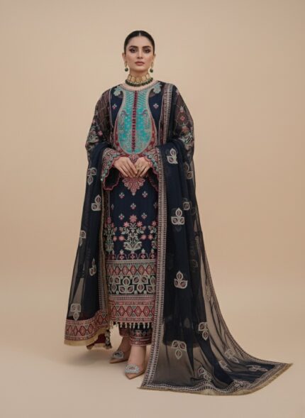 Ayzel Kaloni Luxury Embroidered Chiffon Suit in navy with multi-color embroidery on chiffon shirt, matching embroidered chiffon dupatta, and raw silk trousers, worn by a female model.