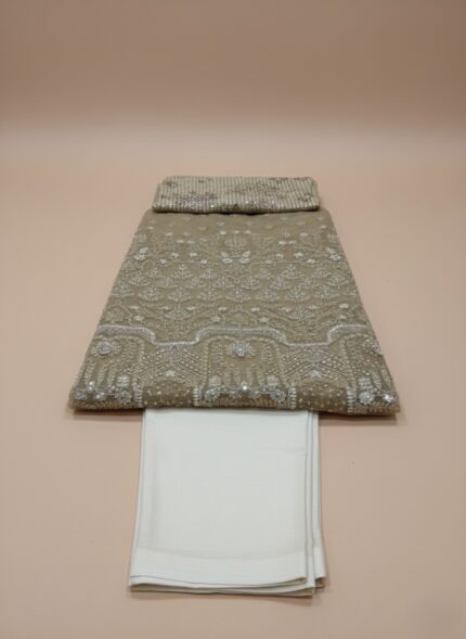 Ayzel Lyra AZ-V3-01 Embroidered Luxury Organza Suit in gold/beige, with intricate embroidery on organza shirt, embroidered organza dupatta, and raw silk trousers, worn by a female model.