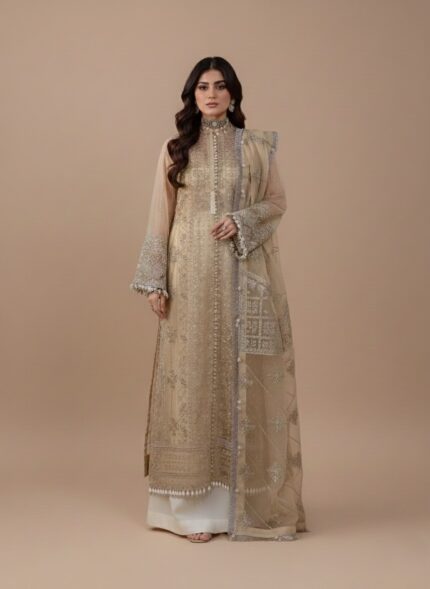 Ayzel Lyra AZ-V3-01 Embroidered Luxury Organza Suit in gold/beige, with intricate embroidery on organza shirt, embroidered organza dupatta, and raw silk trousers, worn by a female model.