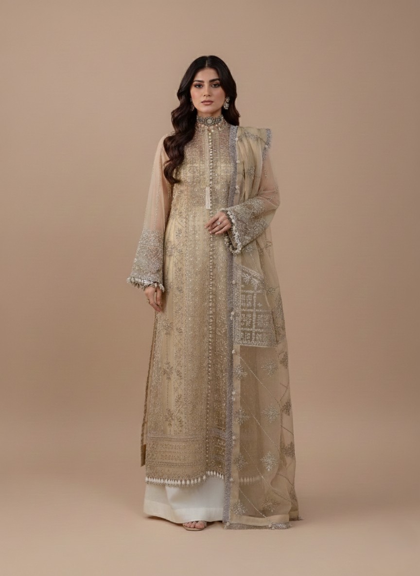 Ayzel Lyra AZ-V3-01 Embroidered Luxury Organza Suit Ayzel Lyra AZ-V3-01 Embroidered Luxury Organza Suit in gold/beige, with intricate embroidery on organza shirt, embroidered organza dupatta, and raw silk trousers, worn by a female model.