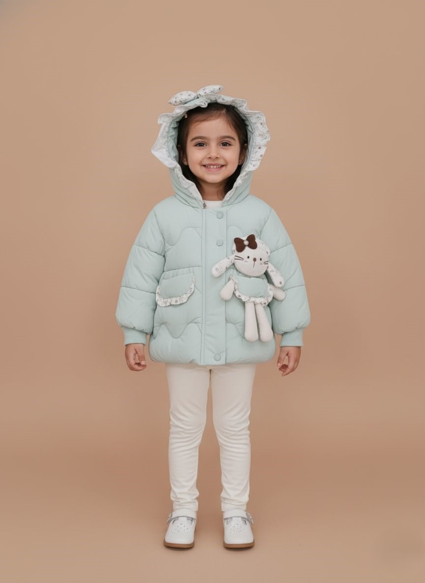 Baby Girls Quilted Jacket with Hood & Bow - 1 Mint green Baby Girls Quilted Jacket with hood, floral bow, and attached bunny plush toy on a light brown background.