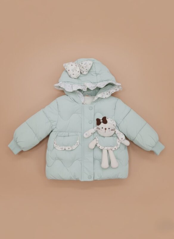 Mint green Baby Girls Quilted Jacket with hood, floral bow, and attached bunny plush toy on a light brown background.