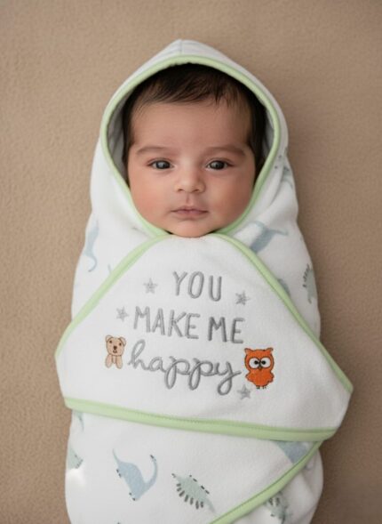 A newborn baby swaddled in a white blanket with green trim, featuring "YOU MAKE ME HAPPY" embroidered text, a teddy bear, an owl, and dinosaur patterns.