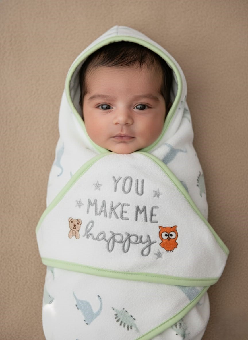 Baby Swaddle Blanket A newborn baby swaddled in a white blanket with green trim, featuring "YOU MAKE ME HAPPY" embroidered text, a teddy bear, an owl, and dinosaur patterns.
