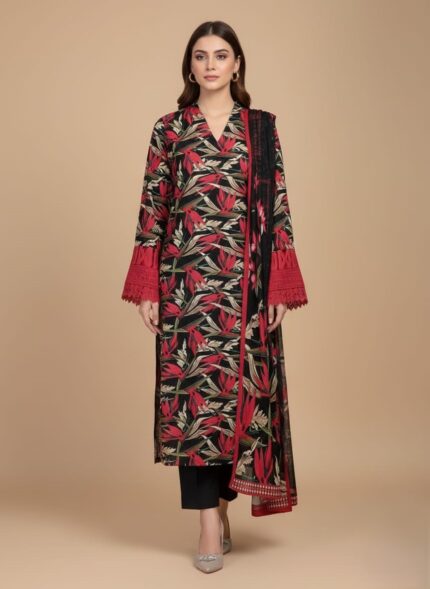 Model wearing Bin Saeed Luxury Digital Khaddar Rafiq 3-piece suit Vol. 214 featuring a bold black shirt with red tropical prints and red lace sleeve detailing