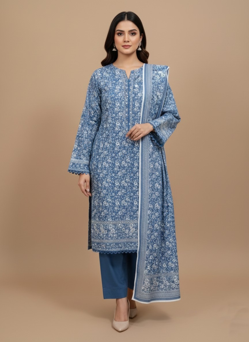 Bin Saeed Unstitched 3-Piece Blue Floral Khaddar Suit 1 Bin Saeed Unstitched 3-Piece Blue Floral Khaddar Suit worn by a model, displaying the printed khaddar shirt, solid trousers, and printed dupatta.