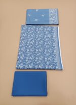 Bin Saeed Unstitched 3-Piece Blue Floral Khaddar Suit worn by a model, displaying the printed khaddar shirt, solid trousers, and printed dupatta.