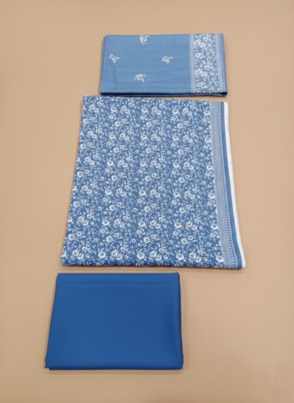 Bin Saeed Unstitched 3-Piece Blue Floral Khaddar Suit worn by a model, displaying the printed khaddar shirt, solid trousers, and printed dupatta.