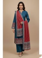 Binsaeed Khaddar Unstitched 3-Piece Suit in teal with red paisley print on khaddar fabric, including shirt, trousers, and a red dupatta.