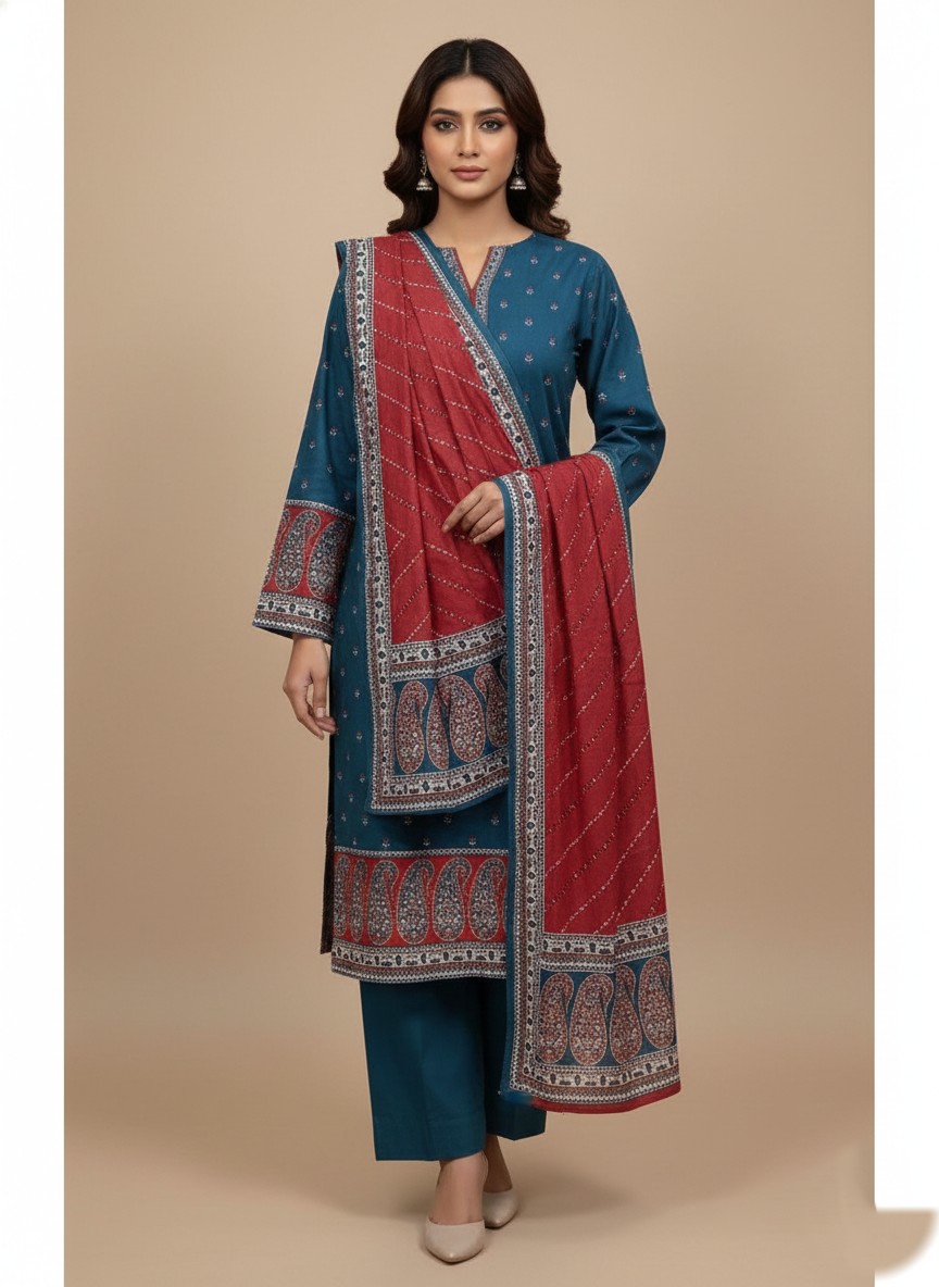 Binsaee Winter Khaddar Unstitched 3-Piece Suit 1 Binsaeed Khaddar Unstitched 3-Piece Suit in teal with red paisley print on khaddar fabric, including shirt, trousers, and a red dupatta.