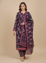 Woman wearing a dark blue khaddar suit with pink and white floral prints, matching dupatta, unstitched fabric from Binsaeed.
