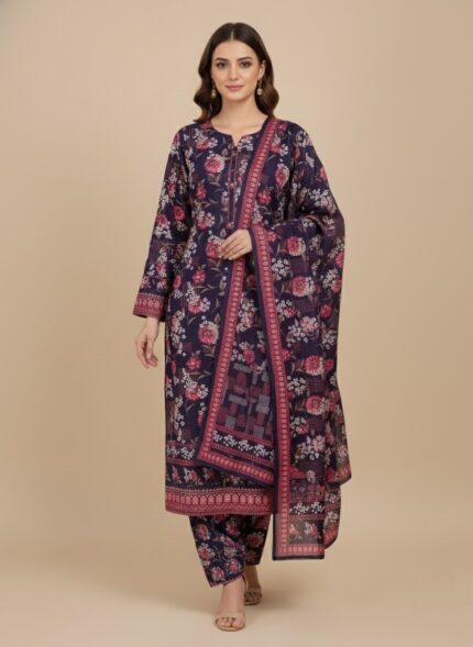 Woman wearing a dark blue khaddar suit with pink and white floral prints, matching dupatta, unstitched fabric from Binsaeed.