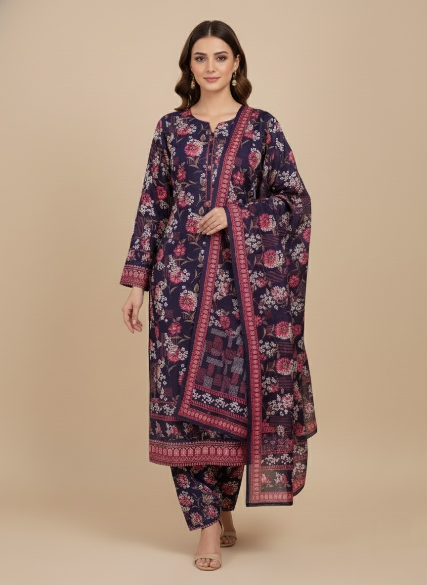 Binsaeed Khaddar Unstitched 3-Piece Floral Print 1 Woman wearing a dark blue khaddar suit with pink and white floral prints, matching dupatta, unstitched fabric from Binsaeed.