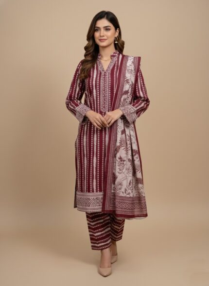Binsaeed Khaddar Unstitched 3-Piece Suit for women, modeled by a woman, featuring a maroon and white patterned khaddar shirt, printed trousers, and a floral dupatta, ideal for winter.