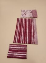 Binsaeed Khaddar Unstitched 3-Piece Suit fabric pieces, showing the distinct designs of the khaddar shirt, trousers, and floral dupatta in maroon and white, ready for custom stitching.