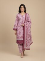 Binsaeed Khaddar Suit worn by a model, pink floral print, unstitched 3-piece, traditional Pakistani attire.