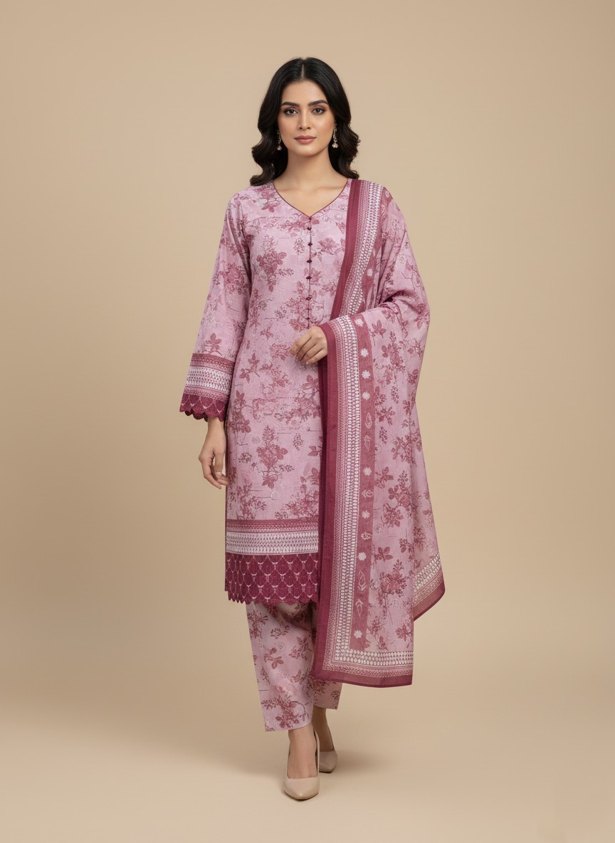 Binsaeed Unstitched Khaddar Suit Pink Floral Print 3-Piece Fabric 1 Binsaeed Khaddar Suit worn by a model, pink floral print, unstitched 3-piece, traditional Pakistani attire.
