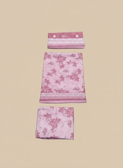 Binsaeed Khaddar Suit unstitched fabric, pink floral print, 3 pieces including shirt, dupatta, and trousers, ready for tailoring.