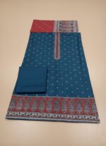 Binsaeed Khaddar Unstitched 3-Piece Suit in teal with red paisley print on khaddar fabric, including shirt, trousers, and a red dupatta.