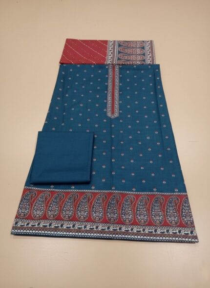 Binsaeed Khaddar Unstitched 3-Piece Suit in teal with red paisley print on khaddar fabric, including shirt, trousers, and a red dupatta.