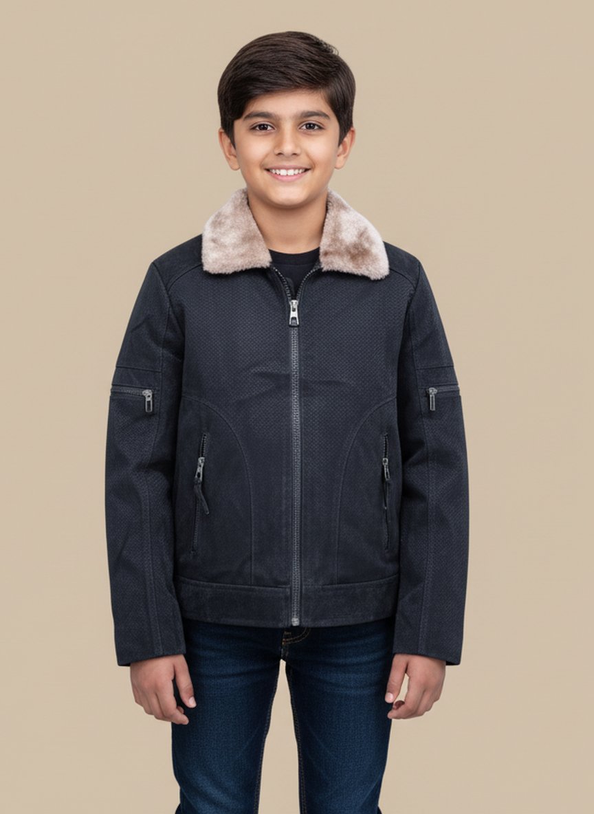 Black men's jacket with a brown faux fur collar, multiple zippers, and a textured pattern, displayed on a light background. - 1 Black men's jacket with a brown faux fur collar, multiple zippers, and a textured pattern, displayed on a light background.