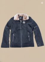 Black men's jacket with a brown faux fur collar, multiple zippers, and a textured pattern, displayed on a light background.