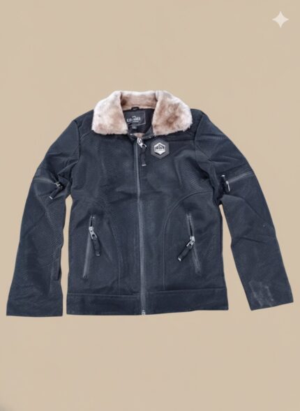 Black men's jacket with a brown faux fur collar, multiple zippers, and a textured pattern, displayed on a light background.