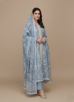 Blue floral printed frock with long sleeves and white lace trim on a plain background.