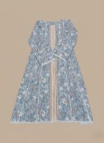 Blue floral printed frock with long sleeves and white lace trim on a plain background.