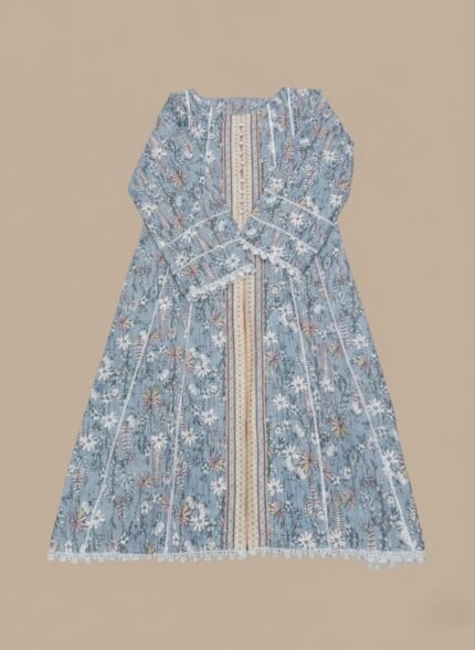 Blue floral printed frock with long sleeves and white lace trim on a plain background.
