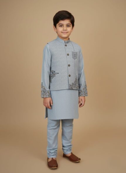 Boy wearing a blue embroidered waistcoat suit with matching kameez shalwar, designed for festive and formal occasions.