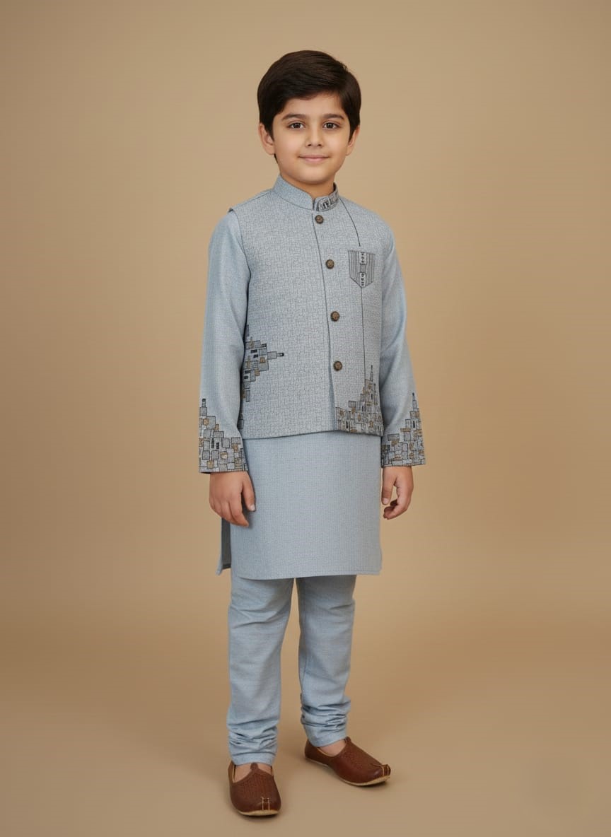 Boys Blue Waistcoat Suit Boy wearing a blue embroidered waistcoat suit with matching kameez shalwar, designed for festive and formal occasions.
