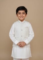 Boys clothes 3-piece set shown on child: navy cotton tee, khaki cargo shorts and bucket hat, outdoor playground setting