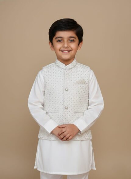 Boys clothes 3-piece set shown on child: navy cotton tee, khaki cargo shorts and bucket hat, outdoor playground setting