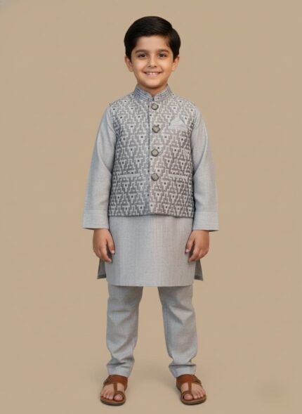 Boys clothes summer set on child: white cotton tee, camo cargo shorts and bucket hat, outdoor playground background