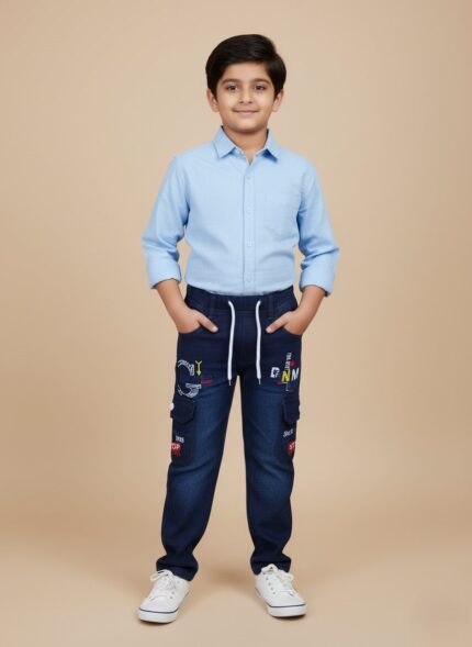 Navy blue boys cargo pants with white drawstring, graphic prints, and cargo pockets on a light background.