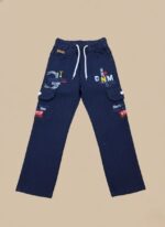 Navy blue boys cargo pants with white drawstring, graphic prints, and cargo pockets on a light background.