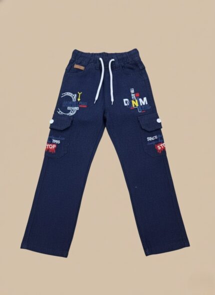 Navy blue boys cargo pants with white drawstring, graphic prints, and cargo pockets on a light background.