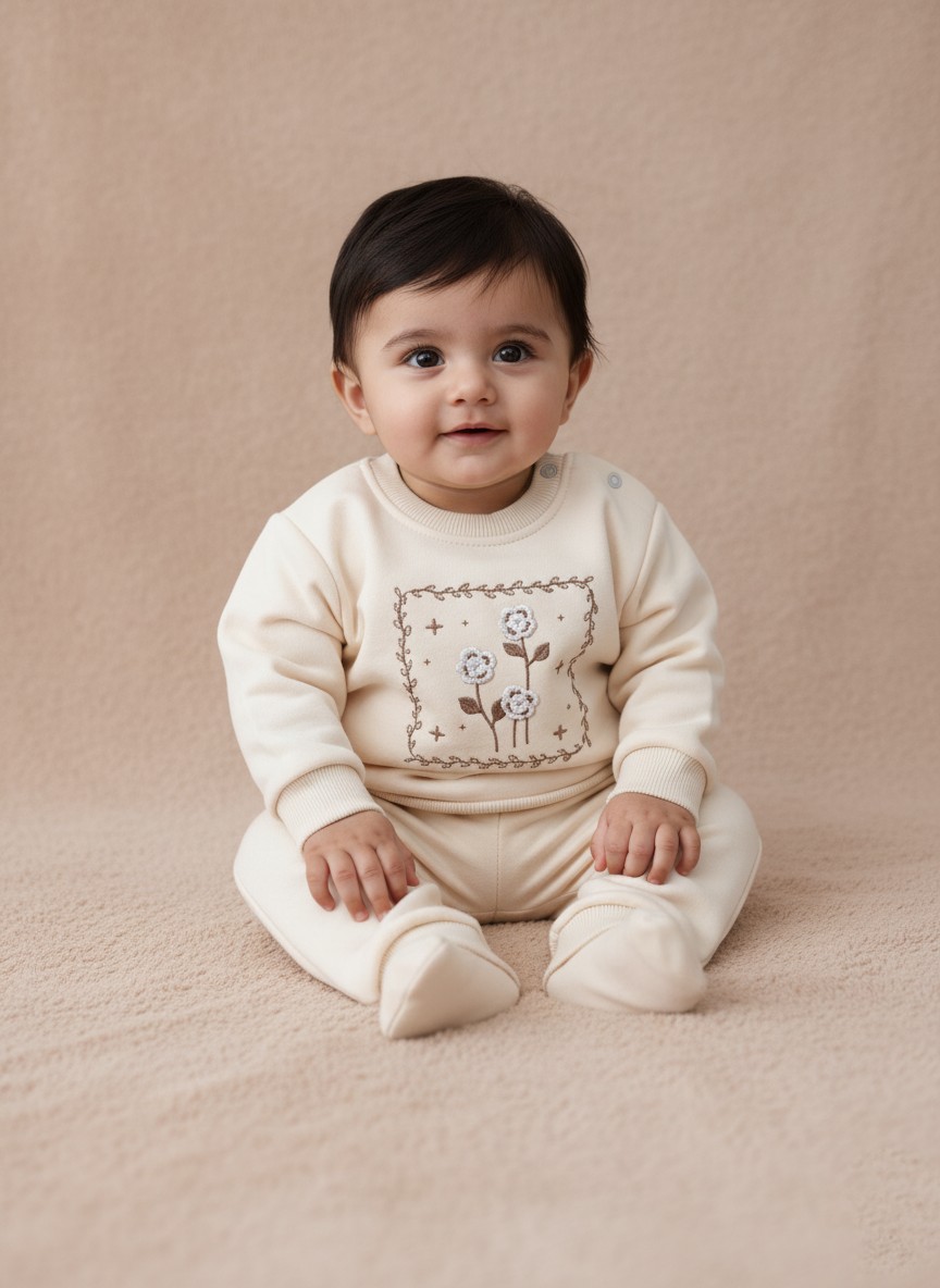 Charming Baby Floral Embroidered Sweater & Jogger Set A happy baby sitting and smiling, wearing a cream long-sleeve sweater with a delicate square frame floral embroidery design on the chest, paired with matching cream jogger pants. This is the Baby Floral Embroidered Sweater Set.