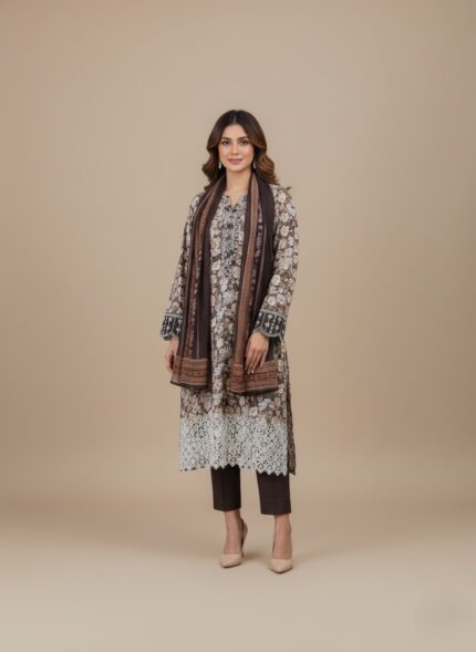 Model wearing a brown floral printed lawn dress, a three-piece summer collection with white lace on hem, embroidered cuffs, and a brown patterned dupatta.