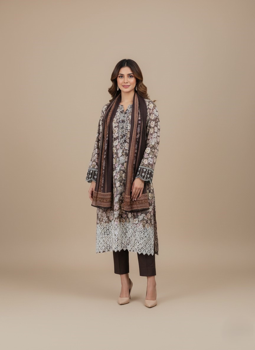 Chic Brown Floral Printed Lawn Dress with Embroidered Details & Dupatta Model wearing a brown floral printed lawn dress, a three-piece summer collection with white lace on hem, embroidered cuffs, and a brown patterned dupatta.