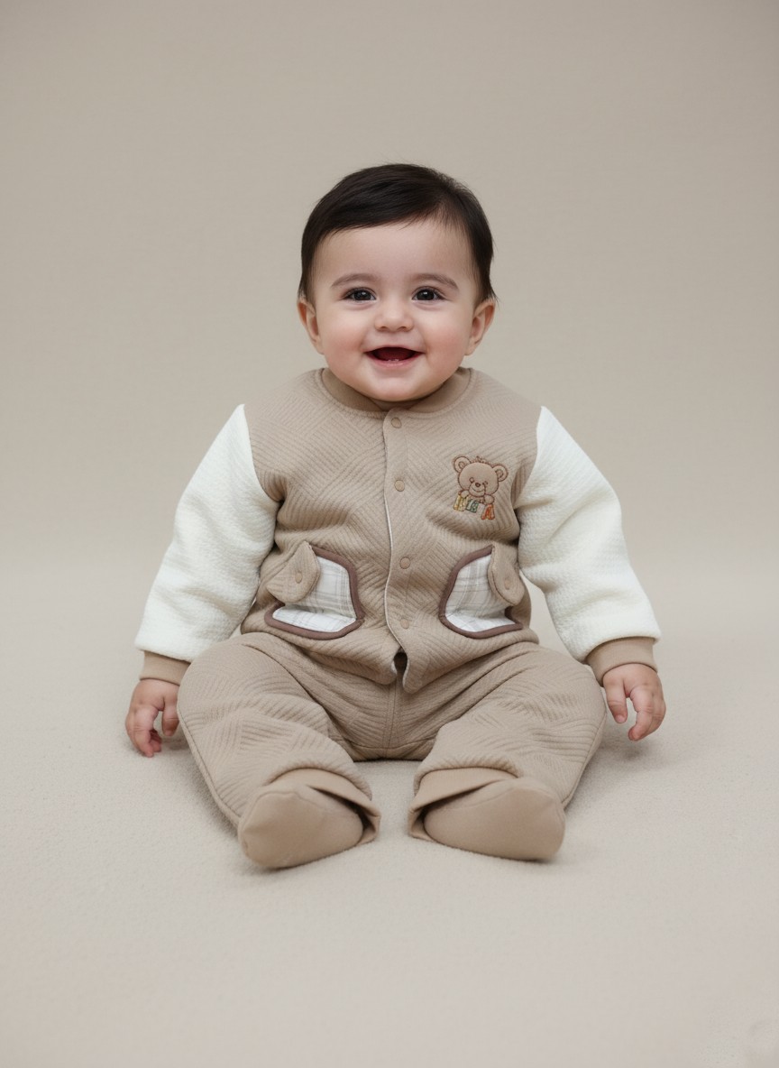 Cozy Baby Quilted Teddy Bear Sweater & Pants Set Charming two-piece Baby Quilted Teddy Bear Sweater and Pants Set. Features a cozy quilted beige sweater with cream sleeves, teddy bear embroidery, and matching pants.