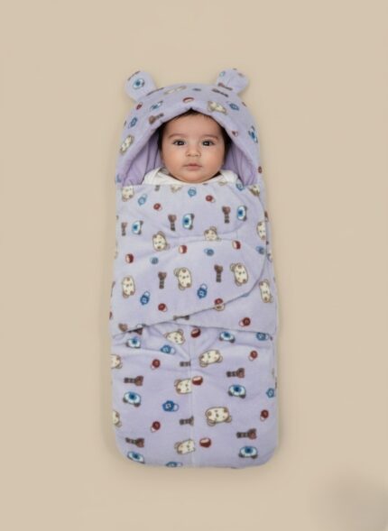Lavender baby sleeping bag with bear ears, fleece newborn swaddle blanket for infant comfort
