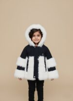 Kids Faux Fur Jacket Black White Hooded Winter Coat