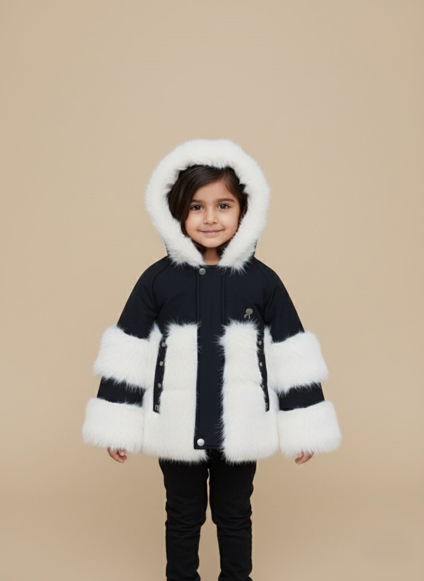 Cozy Black & White Kids Faux Fur Hooded Jacket - 1 Kids Faux Fur Jacket Black White Hooded Winter Coat