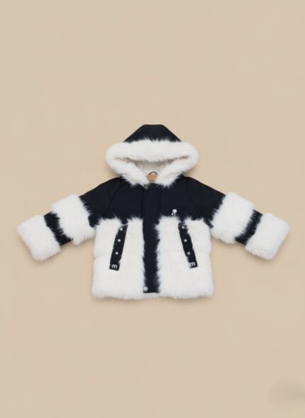 Kids Faux Fur Jacket Black White Hooded Winter Coat