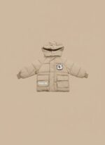 Tan hooded kids puffer jacket with "FUNBEAR" branding and a bear emblem, worn by a young boy.