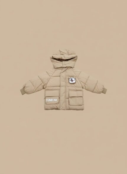 Tan hooded kids puffer jacket with "FUNBEAR" branding and a bear emblem, worn by a young boy.