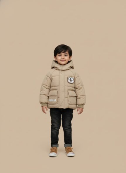 Tan hooded kids puffer jacket with "FUNBEAR" branding and a bear emblem, worn by a young boy.