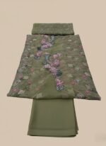 Crimson Saira Shakira Sucha Gota Lime Wedding Collection Embroidered Suit with gold tarkaashi, pink and gold floral embroidery on lime green organza, and a matching embroidered organza dupatta, worn by a female model.